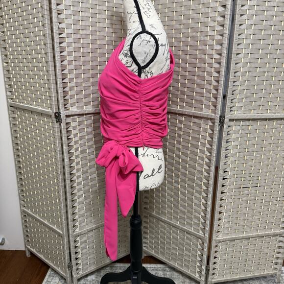 Amanda Uprichard BEXLEY One Shoulder Blouse Size L Lacquer Pink Long Sleeve Tie - Picture 4 of 11